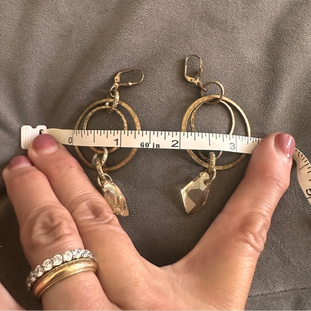 Boho Hammered Brass Hoop Earrings w/ Crystal Drop Dangle Artisan Chic 3” - Picture 3 of 7